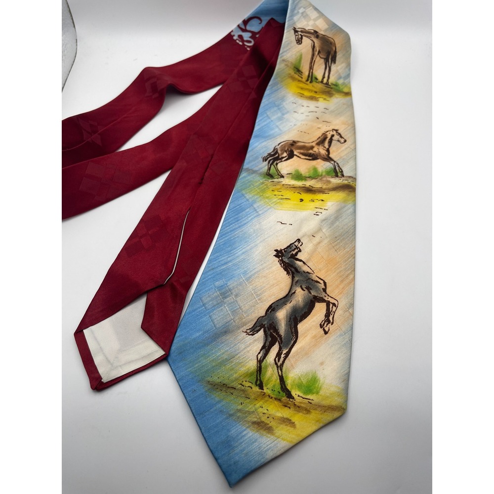 Vintage Horse Painted Necktie Red Blue Western Equestrian Wild Stallion Tie